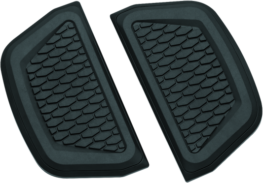 Black Kuryakyn Hex Passenger Board Inserts for Harley Davidson Touring Models, part #5903, shown installed on motorcycle footboards.