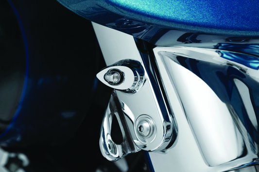 Kuryakyn Kellermann front turn signal mounts for Harley Davidson Street Glide motorcycle, showing the sleek black mounting hardware.