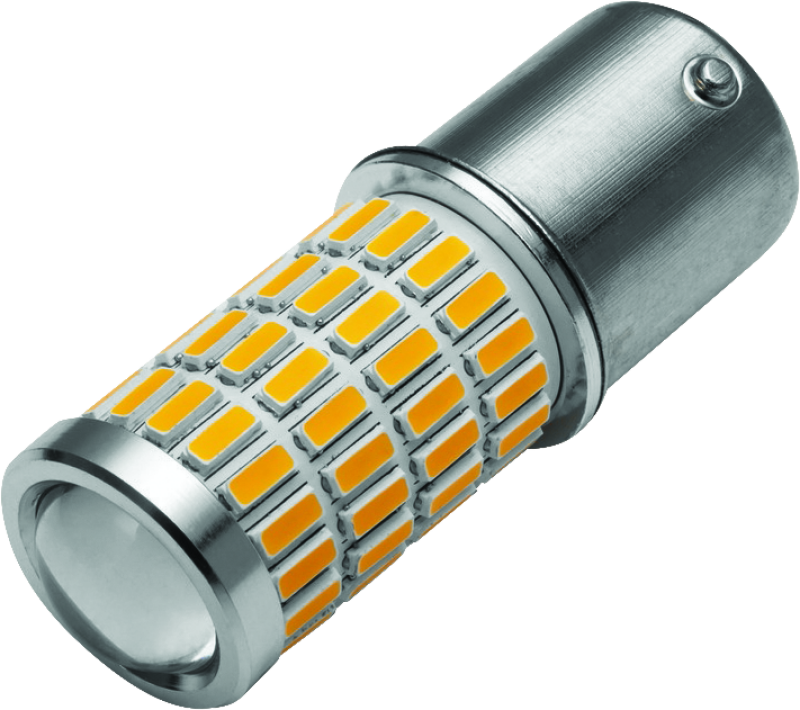Kuryakyn LED Py21W Amber Bulb for Powersports Vehicles, showing bright amber LED lighting for motorcycle or ATV turn signals.