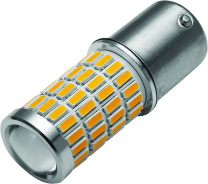 Kuryakyn LED Py21W Amber Bulb for Powersports Vehicles, showing bright amber LED lighting for motorcycle or ATV turn signals.