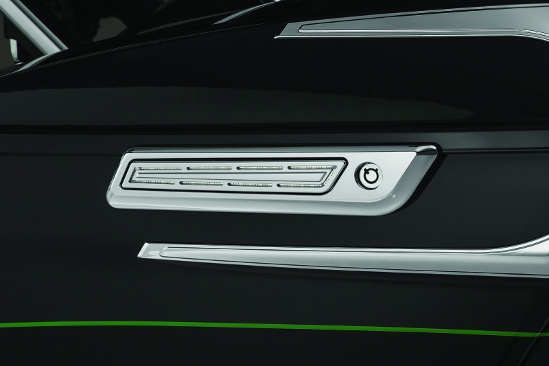 Kuryakyn LED saddlebag hinge accents for Harley Davidson motorcycles, featuring chip-on-board LED technology for added visibility