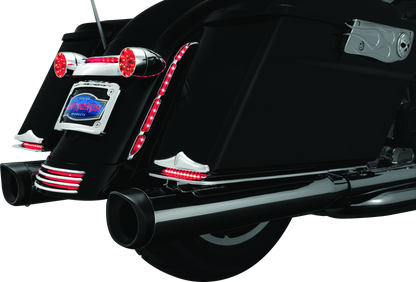 Kuryakyn LED turn signal bar filler panel installed on Harley Davidson FLHX and FLTRX models, showcasing sleek motorcycle accessories.