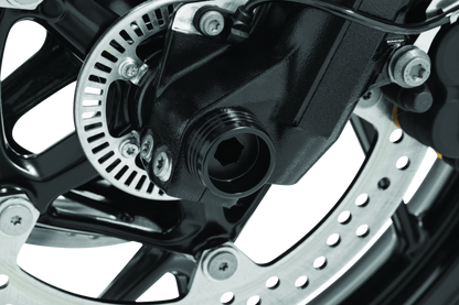 Kuryakyn Lodestar front axle slider in black for BMW R1200R, F800R, R Nine T, and R1200RS motorcycle with visible design details.