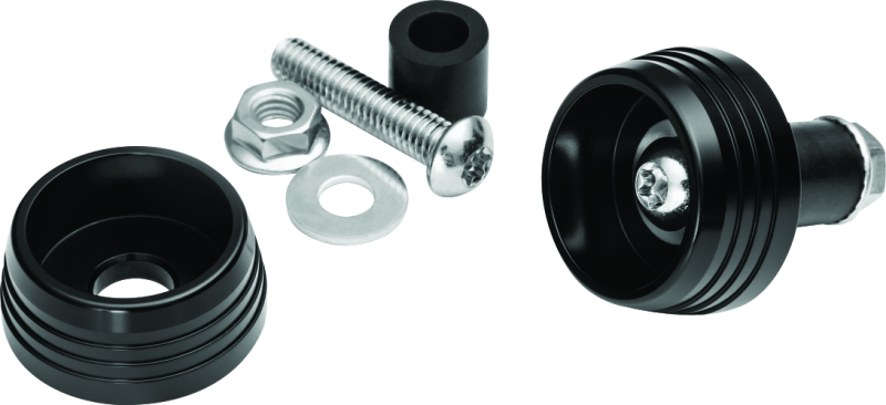 Kuryakyn Lodestar front axle sliders installed on BMW R1200GS and RT motorcycle models for protection and style.