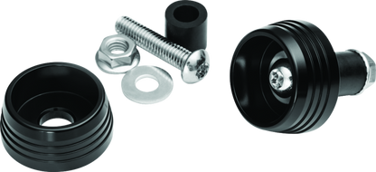 Kuryakyn Lodestar front axle sliders installed on BMW R1200GS and RT motorcycle models for protection and style.