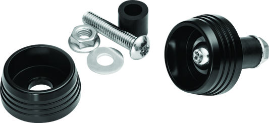 Kuryakyn Lodestar front axle sliders installed on BMW R1200GS and RT motorcycle models for protection and style.