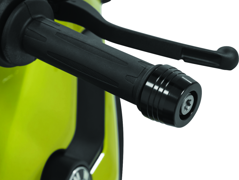 Kuryakyn Lodestar handlebar slider in black for BMW R1200GS motorcycle, part #3812, mounted on handlebar for protection.