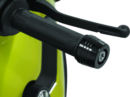 Kuryakyn Lodestar handlebar slider in black for BMW R1200GS motorcycle, part #3812, mounted on handlebar for protection.
