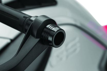 Kuryakyn Lodestar handlebar sliders in black for BMW R1200GS motorcycle, mounted on the handlebars for protection and style.