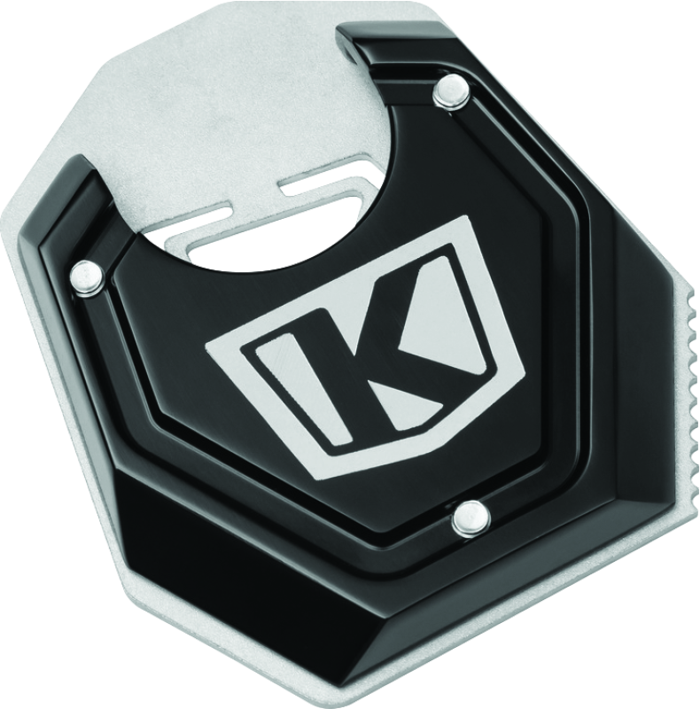 Black Kuryakyn Lodestar kickstand shoe for BMW F750GS enhances stability and traction for motorcycle side stand.