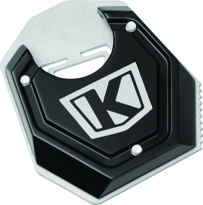 Black Kuryakyn Lodestar kickstand shoe for BMW F750GS enhances stability and traction for motorcycle side stand.