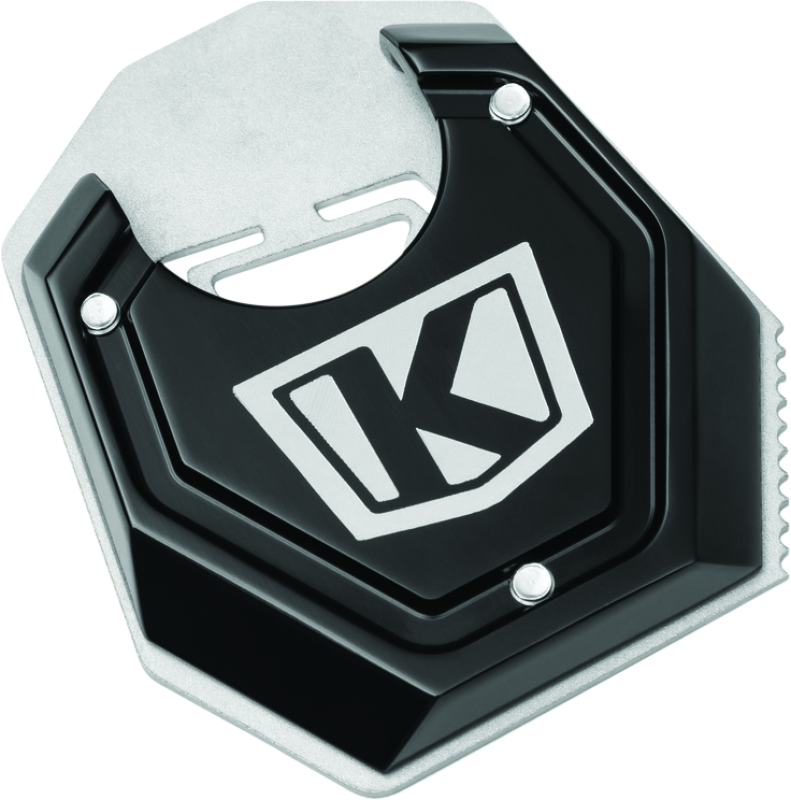 Kuryakyn Lodestar kickstand shoe in black for BMW R1200GS motorcycle, part #3838, shown attached to the side stand.