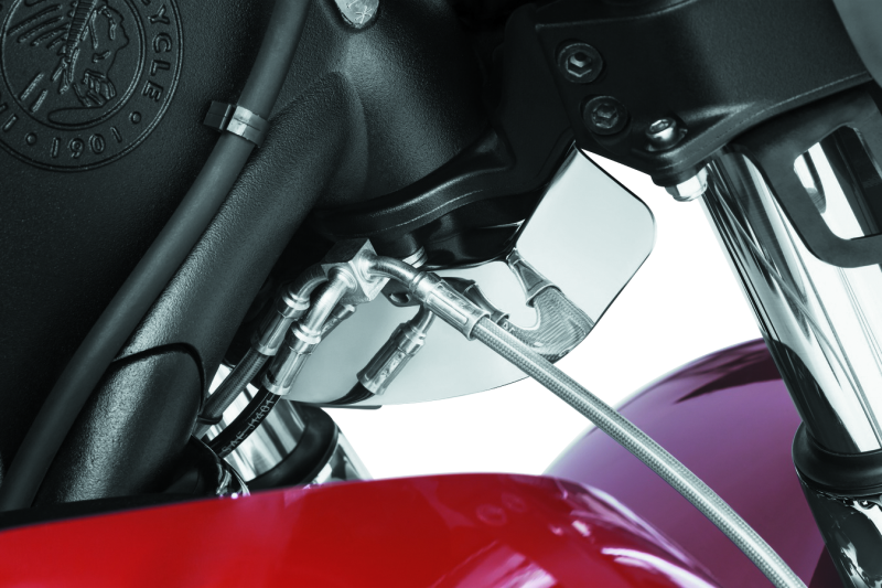 Chrome lower triple tree wind deflector by Kuryakyn for Indian Chieftain and Roadmaster motorcycle models.