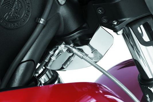 Chrome lower triple tree wind deflector by Kuryakyn for Indian Chieftain and Roadmaster motorcycle models.