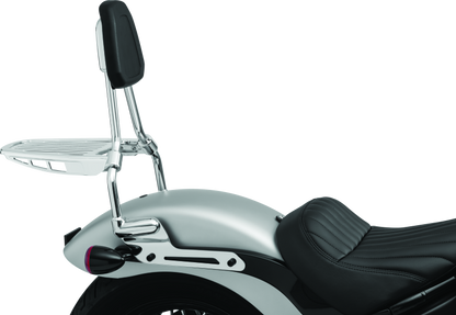 Chrome Kuryakyn luggage rack sissy bar for Harley-Davidson sissy bars, part #6580, mounted on motorcycle rear for added storage.