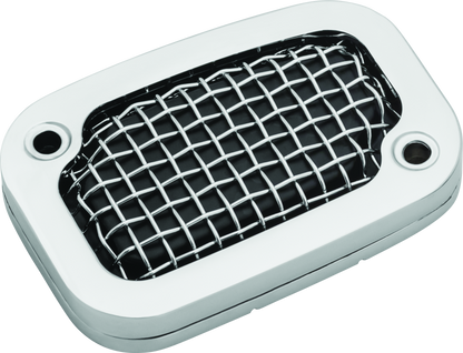 Kuryakyn Mesh Master Cylinder Cover Clutch for Harley Davidson motorcycles, black metal with mesh design and mounting hardware.