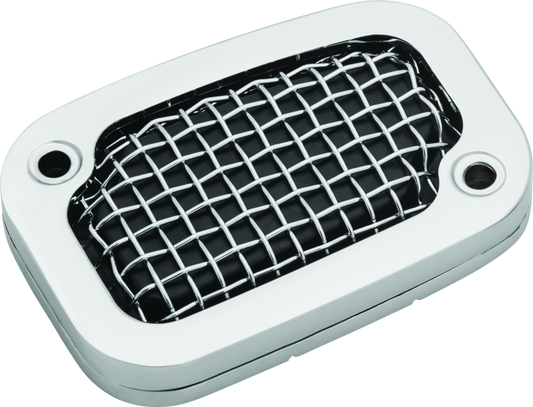 Kuryakyn Mesh Master Cylinder Cover Clutch for Harley Davidson motorcycles, black metal with mesh design and mounting hardware.