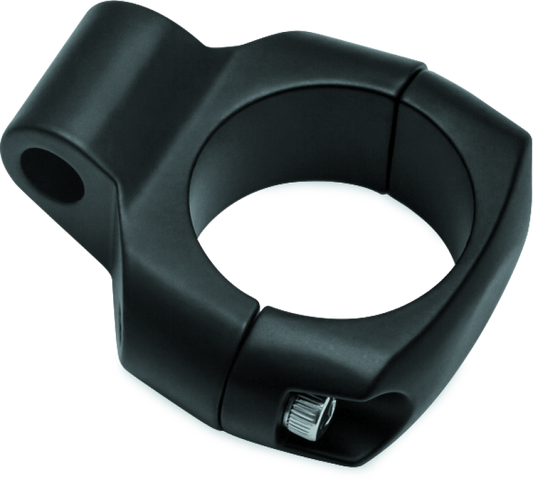 Kuryakyn mirror adapter for 1-1/4 inch bars in satin black, showing the sleek metal mounting hardware for motorcycle mirrors.