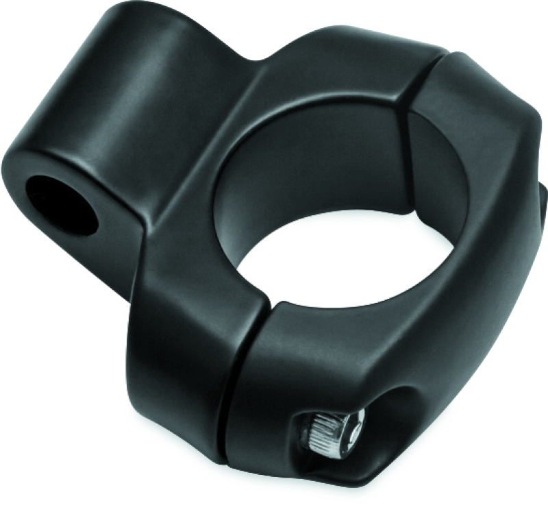 Kuryakyn mirror adapter for 1-inch bars in satin black with mounting hardware on a motorcycle handlebar