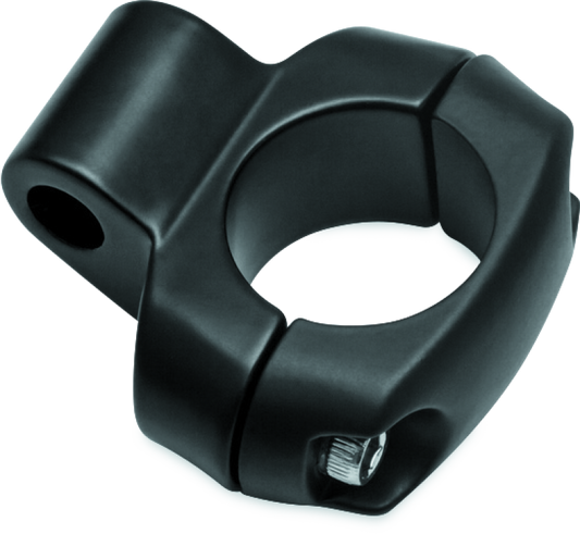Kuryakyn mirror adapter for 1-inch bars in satin black with mounting hardware on a motorcycle handlebar