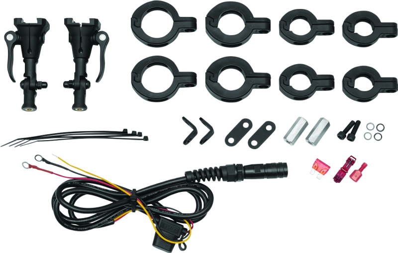 Kuryakyn Mount Kit for Wanderbar fits 7/8 to 1-1/2 inch handlebars, shown with mounting hardware on a motorcycle handlebar.
