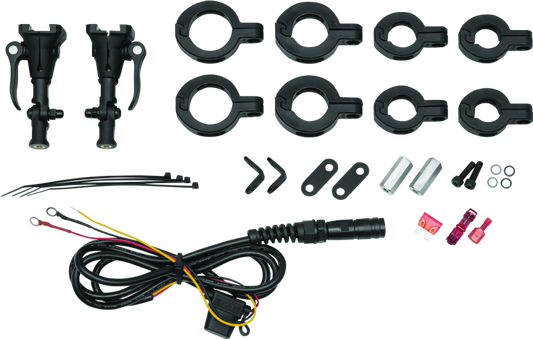 Kuryakyn Mount Kit for Wanderbar fits 7/8 to 1-1/2 inch handlebars, shown with mounting hardware on a motorcycle handlebar.