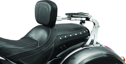 Kuryakyn multi-purpose backrest with luggage rack, designed for motorcycles, featuring padded back support and sturdy rack for gear.