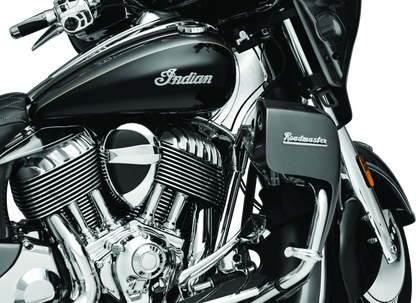 Kuryakyn chrome neck cover for Indian Chieftain and Roadmaster motorcycle models, adds stylish protection to the bike's neck area.