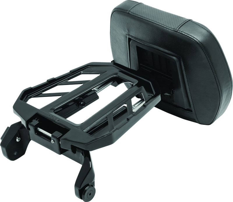 Kuryakyn Neo Driver and Passenger Backrest with Luggage Rack in black for motorcycle, featuring padded backrests and sturdy luggage rack