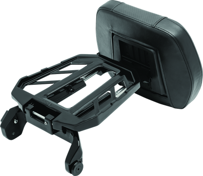 Kuryakyn Neo Driver and Passenger Backrest with Luggage Rack in black for motorcycle, featuring padded backrests and sturdy luggage rack