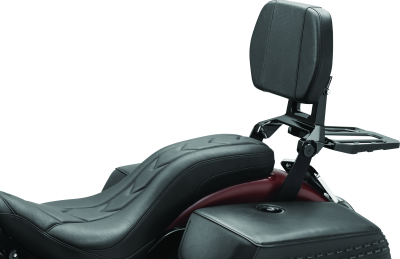 Kuryakyn Neo Driver and Passenger Backrest with Luggage Rack in black for motorcycle comfort and storage.