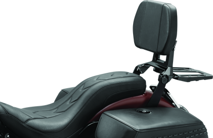 Kuryakyn Neo Driver and Passenger Backrest with Luggage Rack in black for motorcycle comfort and storage.