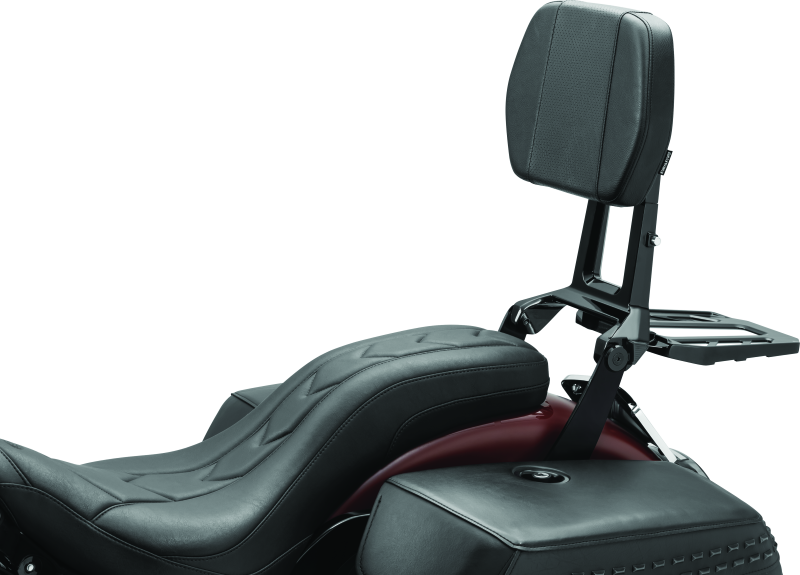 Kuryakyn Neo Driver and Passenger Backrest with Luggage Rack in black, motorcycle comfort accessory with sturdy mounting and ergonomic design