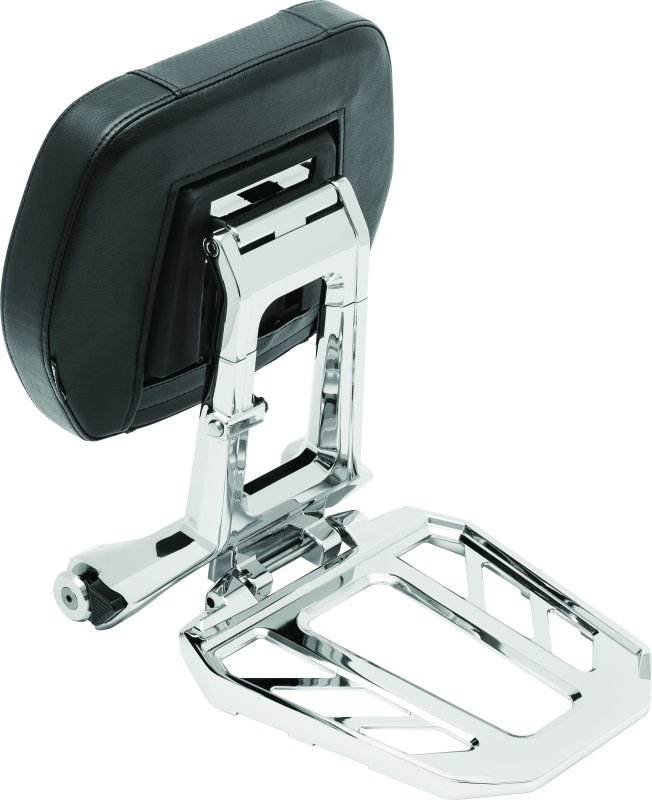 Kuryakyn Neo Driver and Passenger Backrest with Luggage Rack in chrome for motorcycle comfort and style.