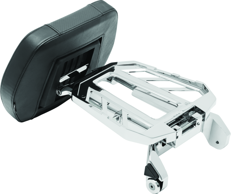 Chrome Kuryakyn Neo Driver and Passenger Backrest with Luggage Rack for motorcycle, featuring sturdy metal construction and cushioned support.