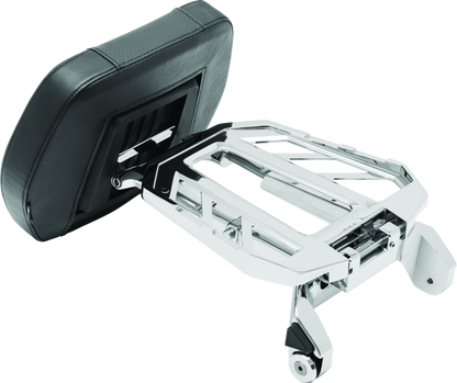 Chrome Kuryakyn Neo Driver and Passenger Backrest with Luggage Rack for motorcycle, featuring sturdy metal construction and cushioned support.