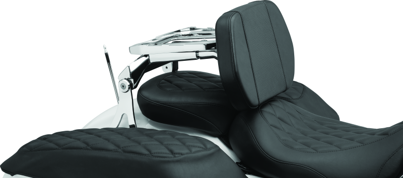 Chrome Kuryakyn Neo Driver and Passenger Backrest with Luggage Rack for motorcycle, featuring cushioned back support and chrome finish.