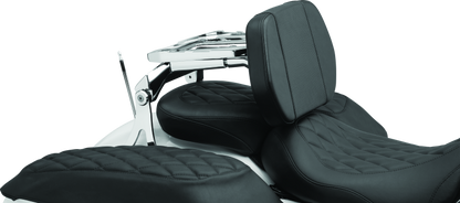 Chrome Kuryakyn Neo Driver and Passenger Backrest with Luggage Rack for motorcycle, featuring cushioned back support and chrome finish.