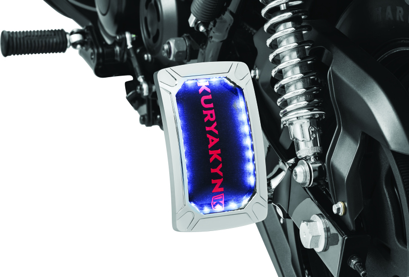 Kuryakyn Nova curved vertical mount chrome license plate holder with wraparound LED lighting and no visible fasteners.