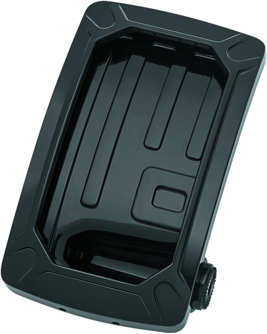 Kuryakyn Nova curved vertical mount side license plate holder in glossy black for motorcycles.