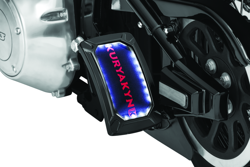 Kuryakyn Nova curved vertical mount side license plate holder in gloss black attached to motorcycle rear fender