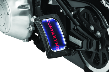 Kuryakyn Nova curved vertical mount side license plate holder in gloss black attached to motorcycle rear fender
