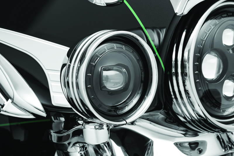 Kuryakyn Orbit 4.5-inch passing lamps with black finish, designed for motorcycle lighting and visibility enhancement.