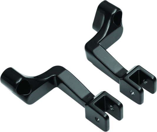 Kuryakyn passenger peg mounts for Indian Motorcycle models in gloss black, featuring durable metal construction and mounting hardware.