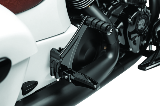 Kuryakyn passenger peg mounts for Indian Motorcycle models in gloss black, part 5830, with mounting hardware visible.