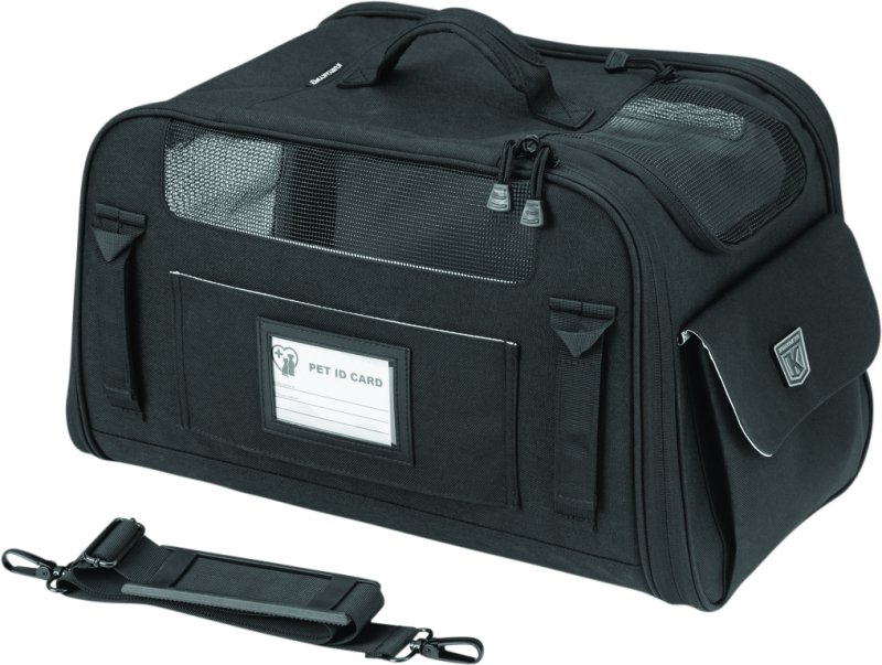Kuryakyn Pet Palace Flyweight Carrier for travel and powersports, showing a lightweight pet carrier with mesh windows and a handle.