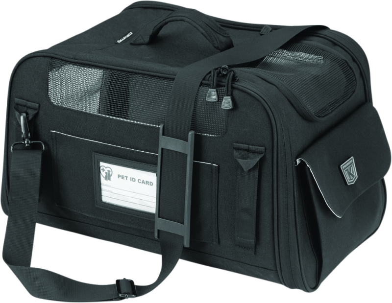 Kuryakyn Pet Palace Flyweight Carrier for travel and powersports, showing a compact, durable pet carrier with mesh panels and sturdy frame.