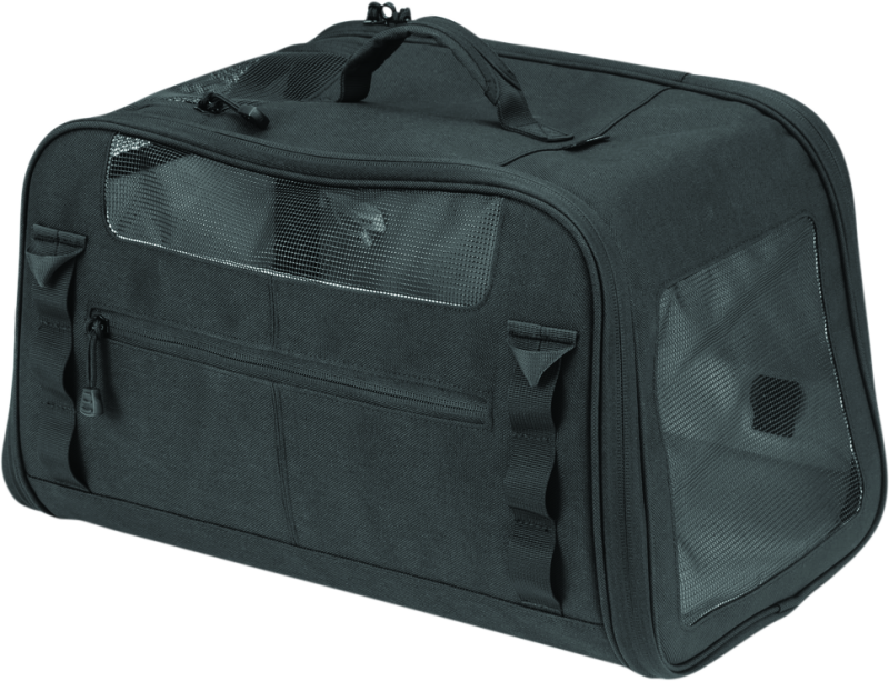 Kuryakyn Pet Palace Flyweight Carrier for travel and powersports, showing lightweight pet carrier with mesh sides and zipper closure.