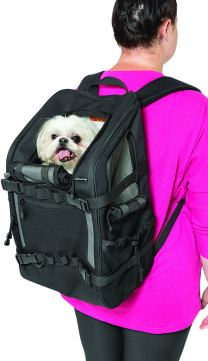 Kuryakyn Pet Palace Ruff-Pack backpack pet carrier with mesh panels and adjustable straps for pets up to 15 lbs.