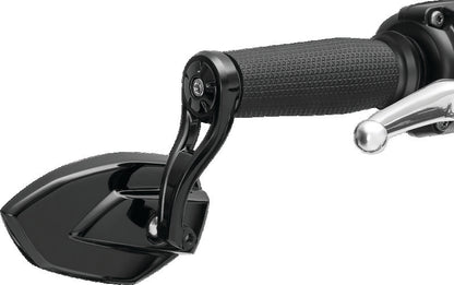 Kuryakyn Phantom Bar End Mirror in gloss black, modern minimalist motorcycle rearview mirror mounted on bike handlebar.